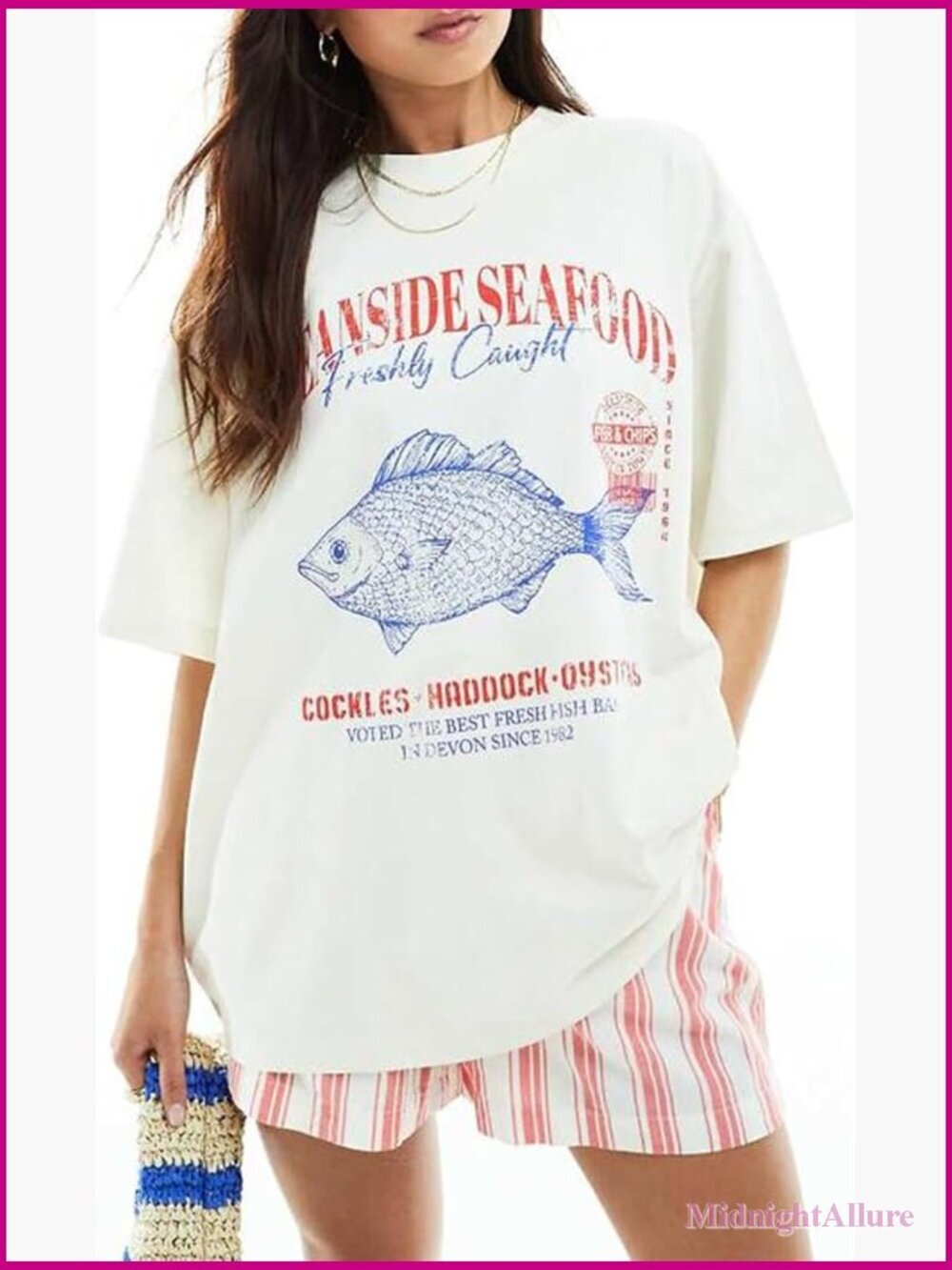 Women Oversized Graphic Tee Fish Lobster Print Y2K Baggy T-Shirt Summer Top